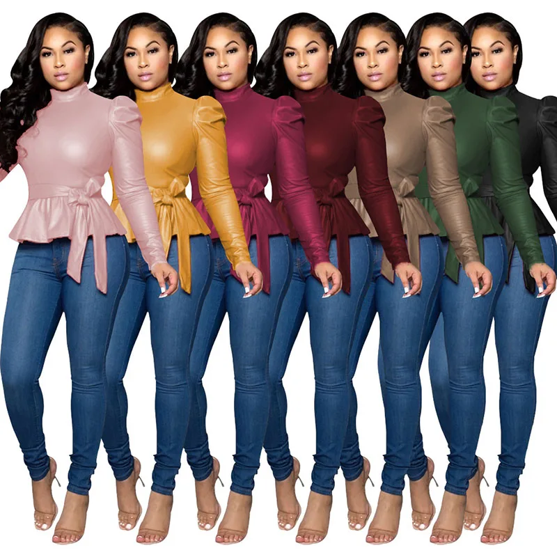 

Fahion Womens Tops And Blouses O-neck Solid Color With Bandage Belt Long Sleeve Tops Autumn Women Cloth Plus Size 2xl