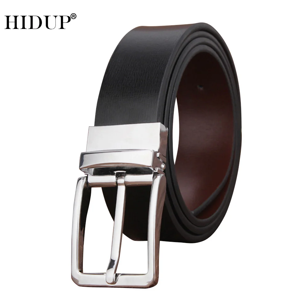 HIDUP Quality Simple Design Pin Buckle Metal Belts Men Double-side Black&Brown Genuine Leather Belt 3.3cm Width Clothes NWJ1072