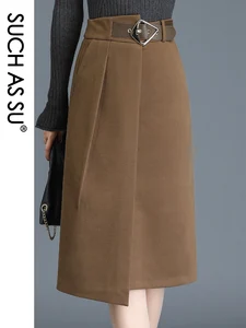 Новая Вязаная Асимметричная Женская юбка 2020 зима черная коричневая S-3XL размера плюс с высокой талией и поясом шерстяная Асимметричная юбка средней длины