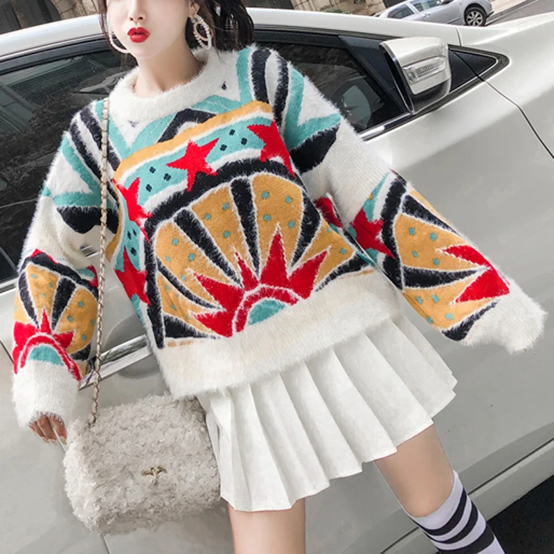 women sweater knitted pullovers long sleeve white red blue star geometric loose mohair M0032 | Женская одежда