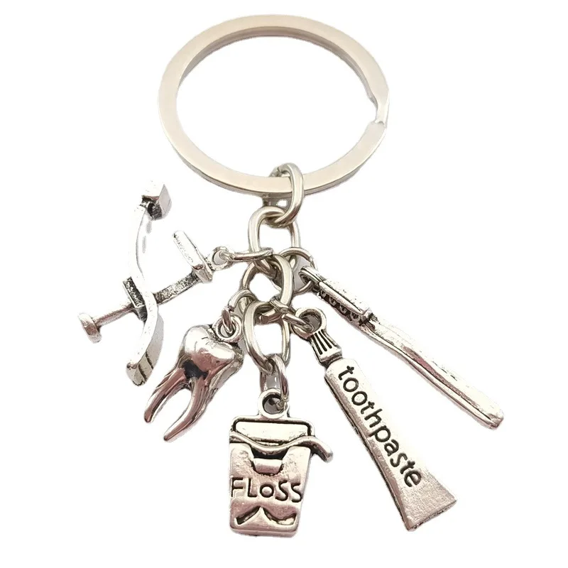 

Operating Table Teeth Dental Floss Toothbrush Toothpaste Alloy Key Chain Accessories Engraved Round Card Keychain Pendant