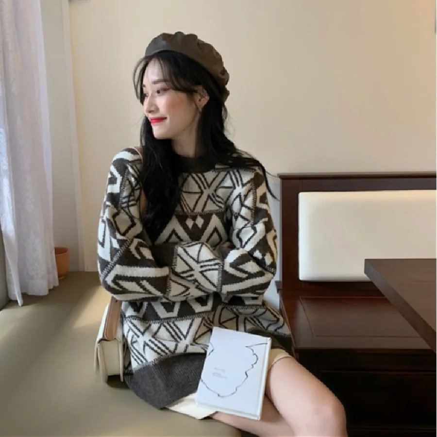 

Women's Sweater O-neck Sweater Diamond Plaid Pullover Casual Sweater Long-sleeved Fashion Female Sweaters