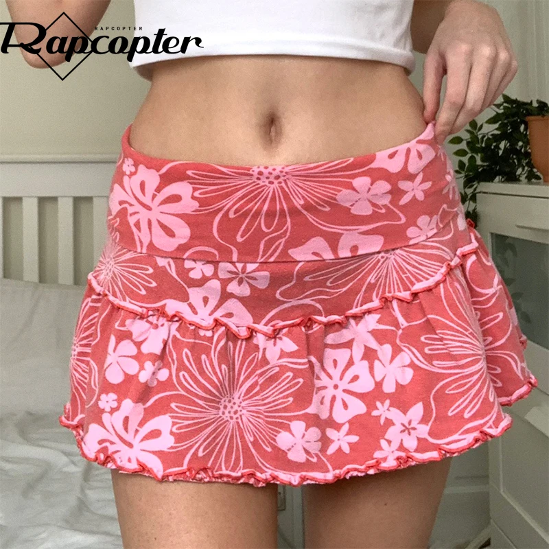 

Rapcopter y2k Floral Mini Skirts Frill Low Waisted A-Line Skirts Women Vinatge Pink Prepply Short Skirts Summer Korean Cute 90s