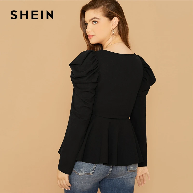 SHEIN плюс размер, черный топ с рукавами с баской, Женский Осенний однотонный квадратный вырез, элегантный офисный женский топ и блузки