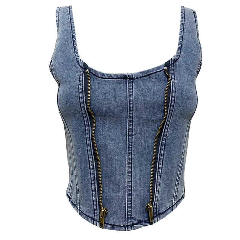 

Sexy Women Solid Shirt Street Wear Denim Tank Top U Neck Sleeveless Zipper Casual Basic Short Vest Top shirts Ribbed Y2K Outfits