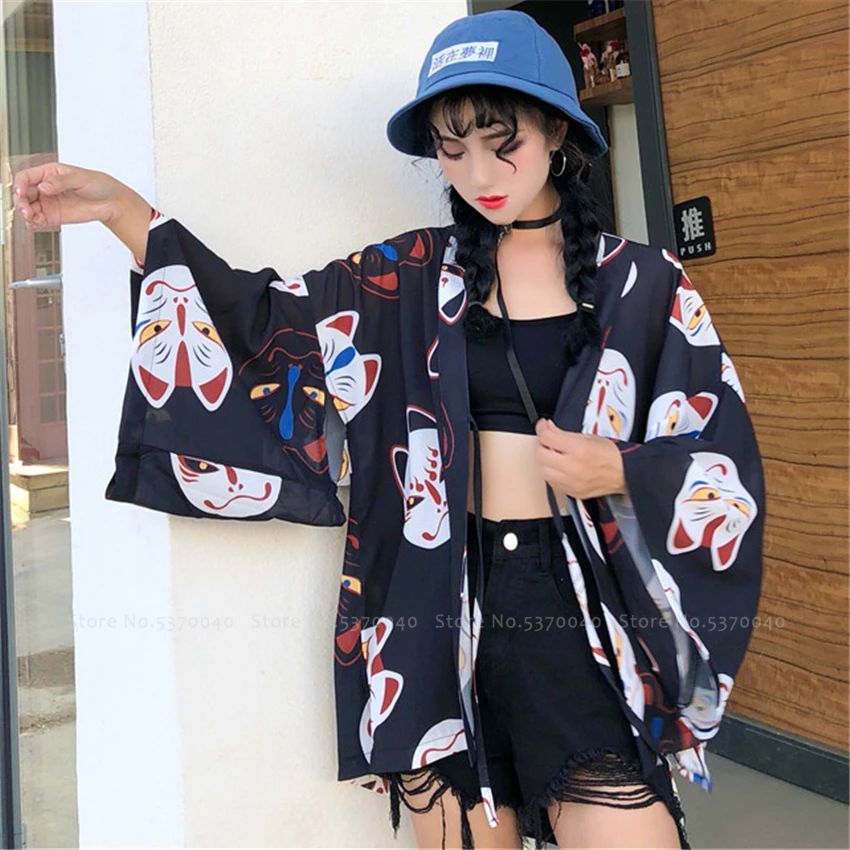 Женское кимоно-халат Haori летний кардиган в японском стиле с принтом кошки