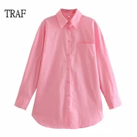 traf womens shirt za 2021 summer pink cotton blouse female plus size loose long sleeve shirts lady simple style tops clothes