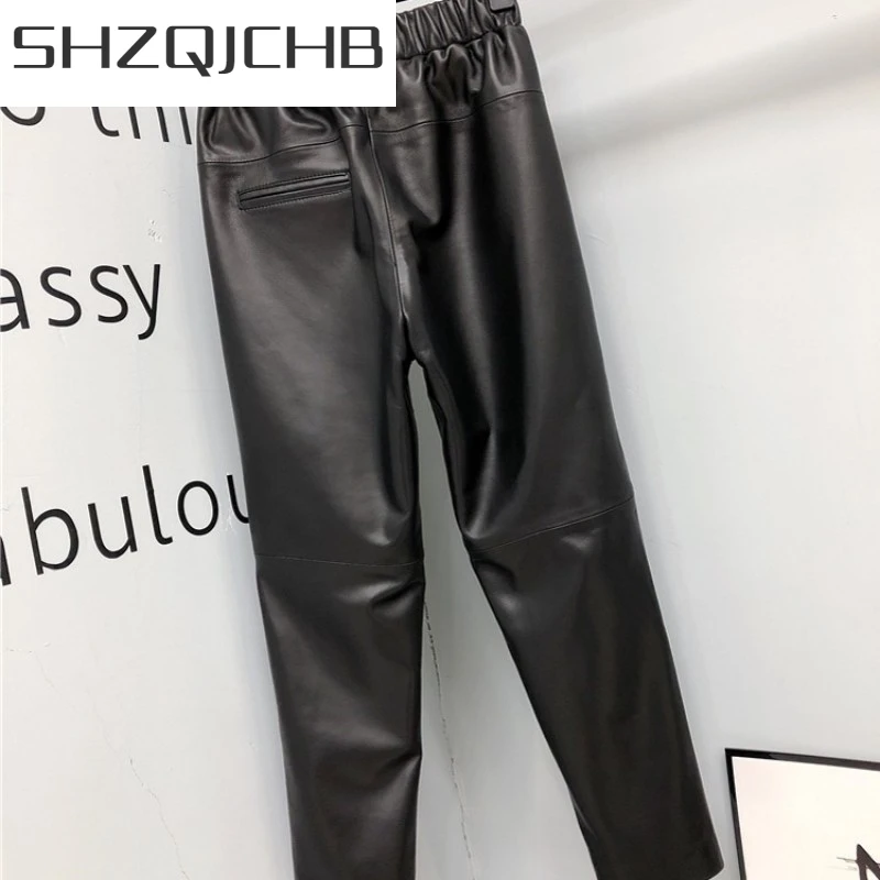 

JCHB 2021 Fashion Women Zipper Ankle Length Harem Pants Elastic Waist Sheepskin Genuine Leather Pants Streetwear Trousers Jogger