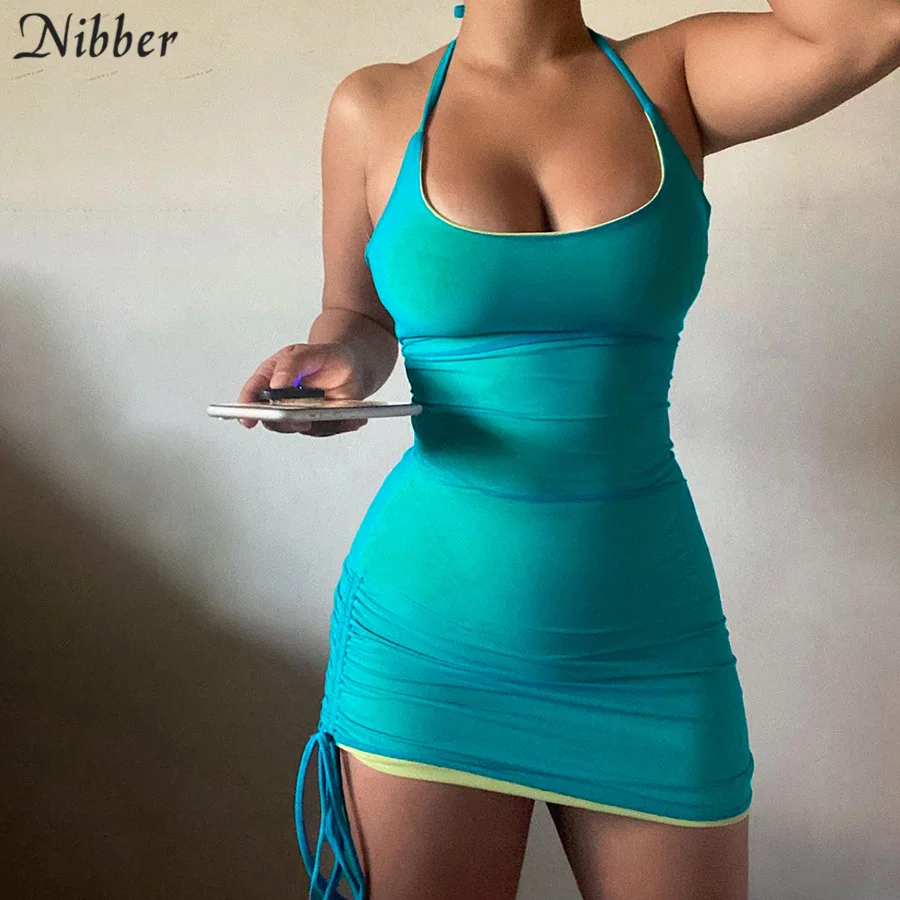 Nibber Solid Color Drawstring Party Wrap Dress Women Sling Sleeveless Halter Bodycon Club Wear Summer Sexy Basic Mini Dresses