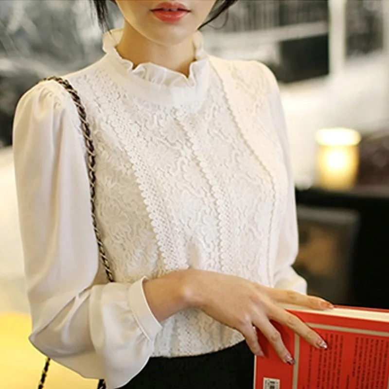 X Ретро блузка для женщин осень темперамент Стенд воротник кружево блузки