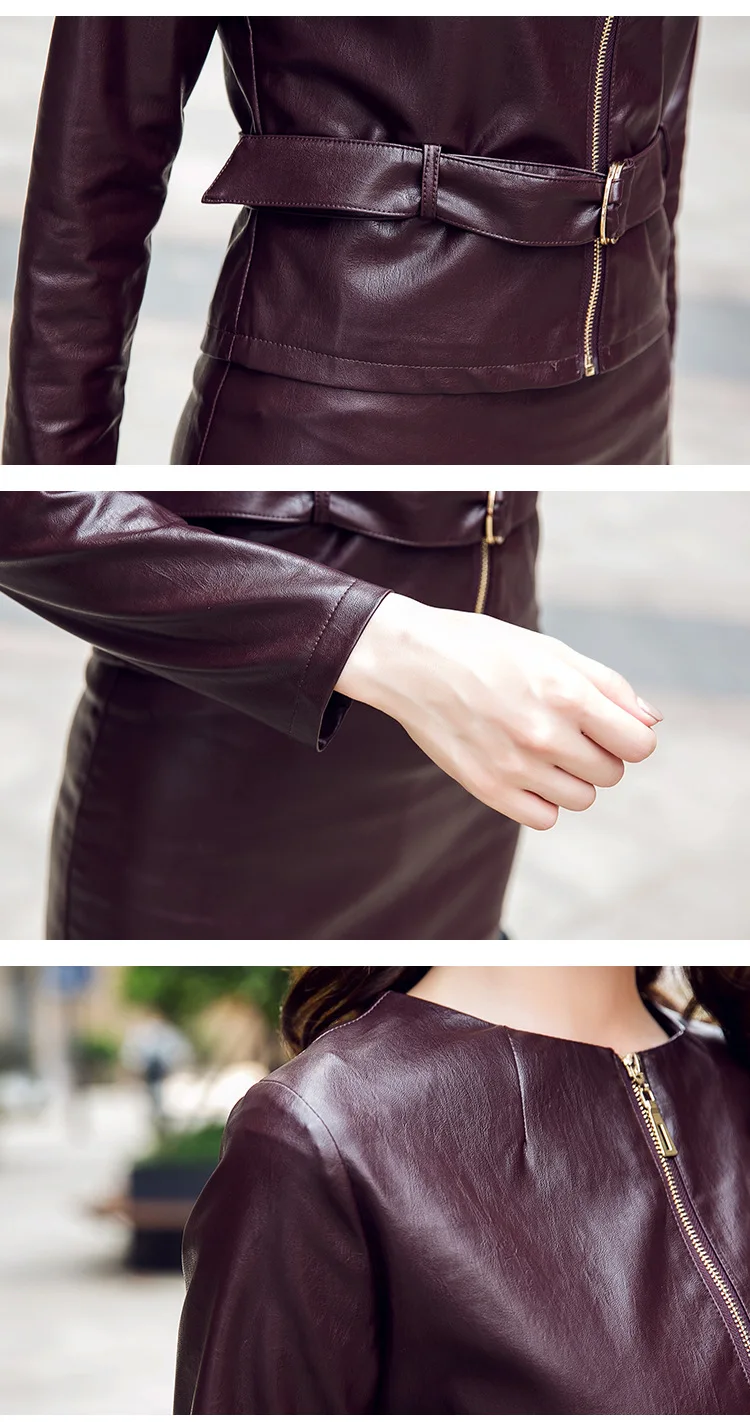 Women's suit new spring and autumn slim slimming short PU leather skirt two-piece female jacket |