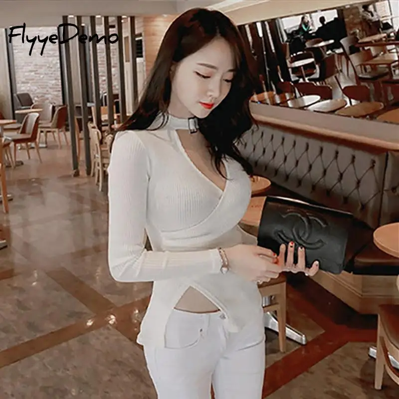 

Knitting Korean Style Wrap Slim T-shirts 2021 New Sexy Tshirts Cotton Long Sleeve Summer Tops Tee Shirt Femme Sexy Hollow Out