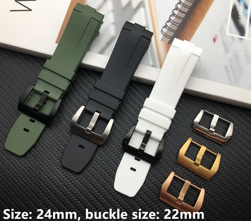 24mm black white army green Rubber Silicone band with Needle Buckle Watchband fit for Panerai strap Watch Accessories tool logo | Наручные
