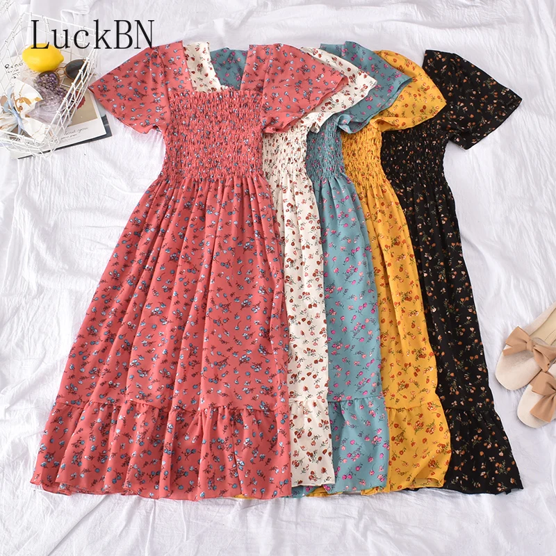 

Floral Dress Boho Puff Sleeve Square Neck Dress Women Vintage Summer Beach Dresses Korean Kawaii Ruffle Clothes Vestidos 2021