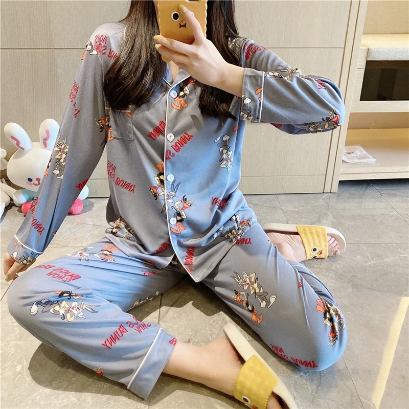 

Spring and autumn pajamas women's lapel cardigan buttoned cartoon cute printing comfortable fabric trousers home service pajamas