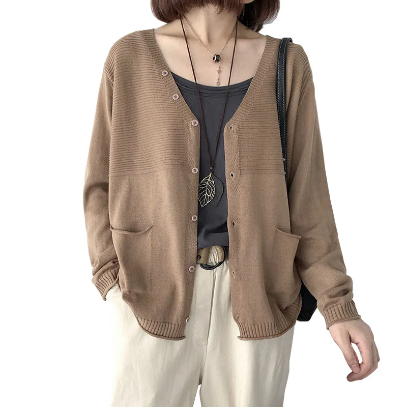 

2021 Spring and Autumn New Loose-Fitting V-neck Long Sleeves Knitted Cardigan Women's Outer Tops Early Autumn Thin Sweater