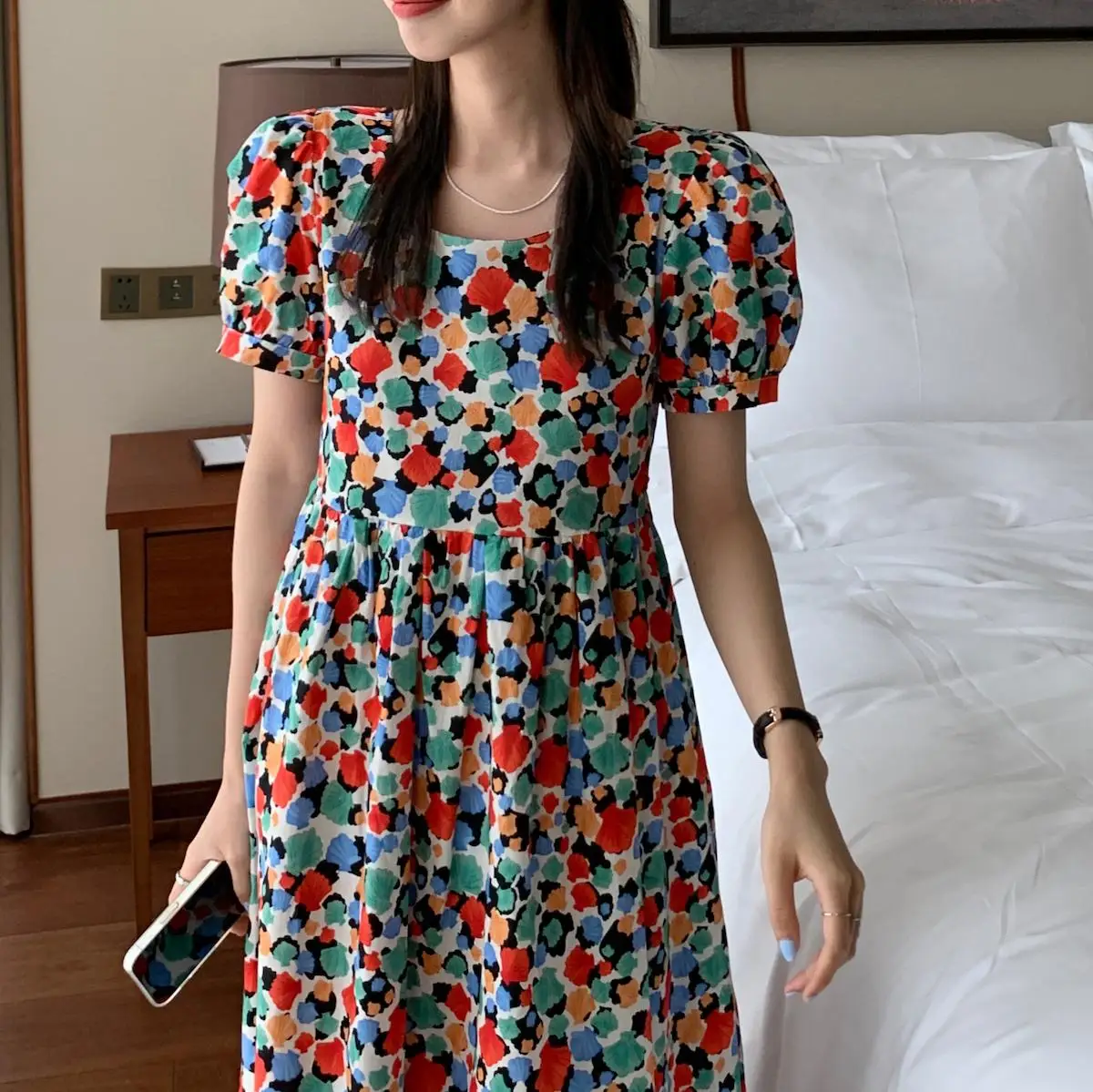 

2021 Women Print Summer Retro Puff Short Sleeve Ladies Midi Dress Vestidos