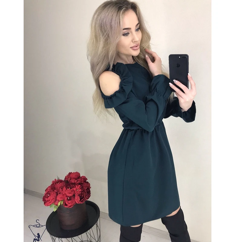 

Long Sleeve Autumn Ruffle Party Dress Ladies Hollow Out o Neck Elegant Dress 2019 Female Solid High Waist Mini Dress