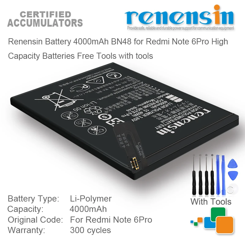 

Аккумулятор Renensin 4000 мАч BN48 для Redmi Note 6Pro, батареи большой емкости, бесплатные инструменты с инструментами