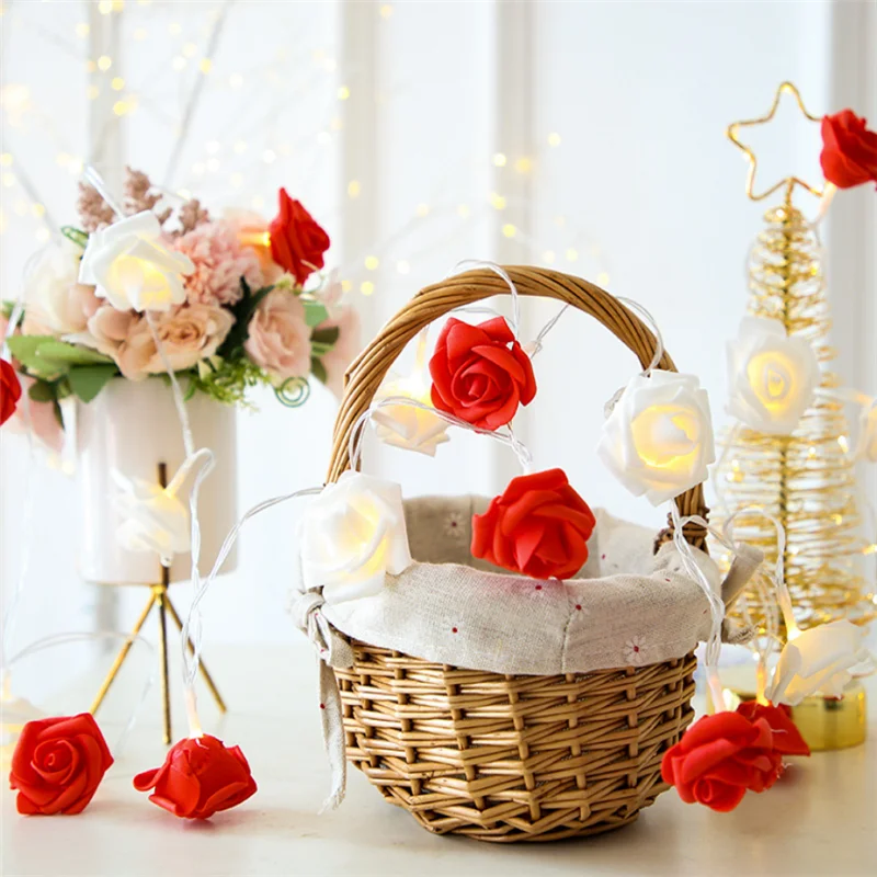 

5M 28LED Garland Artificial Flower Bouquet String Lights White Red Foam Rose Fairy Lights For Valentine's Day Wedding Decoration