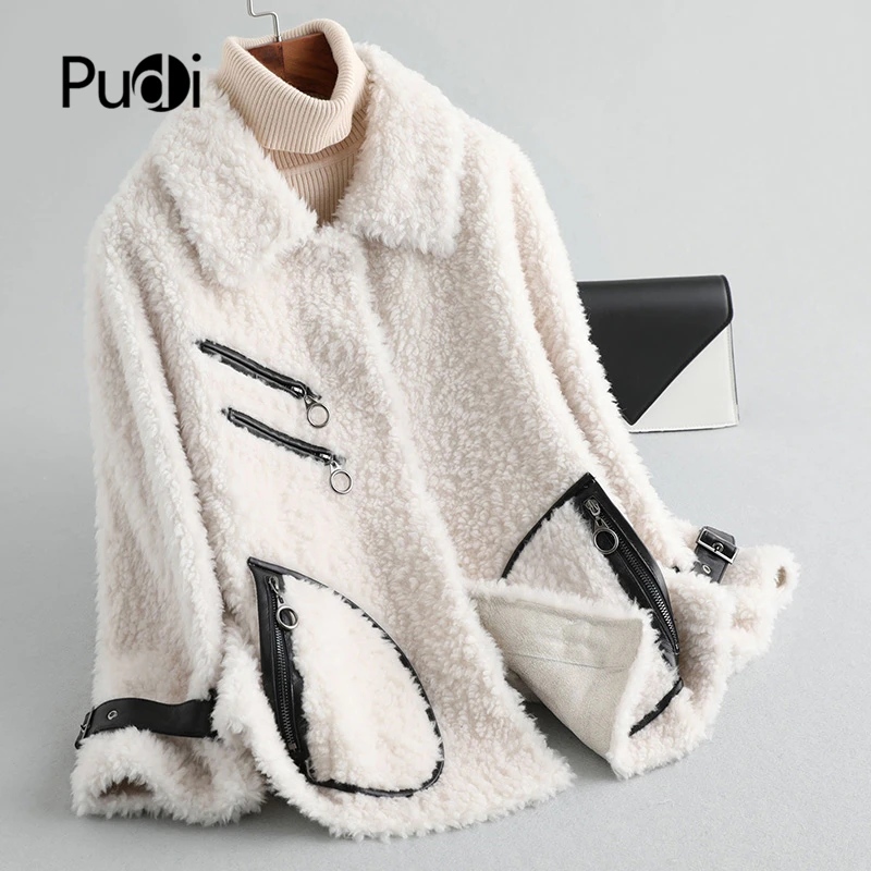 Женское зимнее меховое пальто Pudi A19062 из натуральной шерсти короткая куртка с