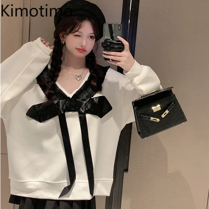 

Kimotimo Design Bow Sweatshirt Women Korean Chic Sweet V Neck Loose All-match Pullover Autumn Winter Long Sleeve Christmas Tops