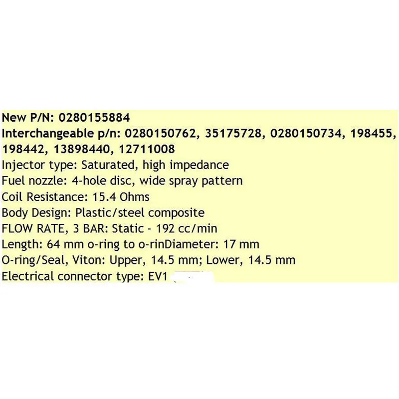 

Gen III Chevy 7,4 454cid, HP Torque 0280155884 17113221 17109596, 4/8