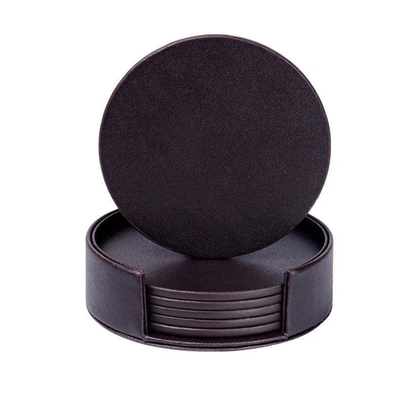 

6PCS PU Leather Coaster Non Slip Household Simple Insulation Pad Waterproof Round Square Leather Coaster