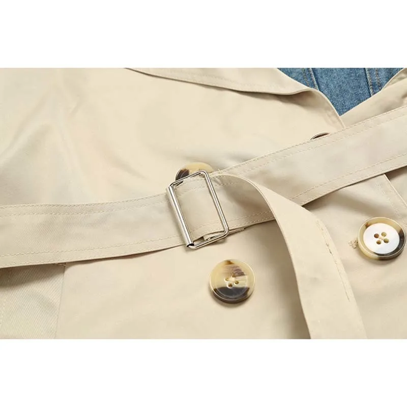 

2019 New Fashion Women Lapel Autumn Winter Long Sleeve Khaki Hit Denim Stitching Loose Sashes Windbreaker Tide
