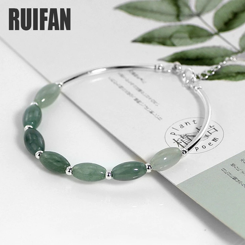 

Ruifan Natural Stone Green Jade 100% 925 Sterling Silver Bangle Bracelets for Women S925 Fine Jewelry Gift for Girlfriend YBR098