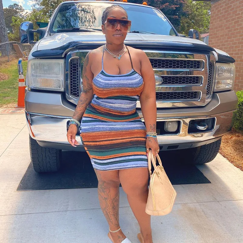 

NOVAINSPO Summer Low Cut Stripe Printing Multicolor Camis Midi Dress For Women 2021 Fashion Skinny Casual Workout Elegant Dress