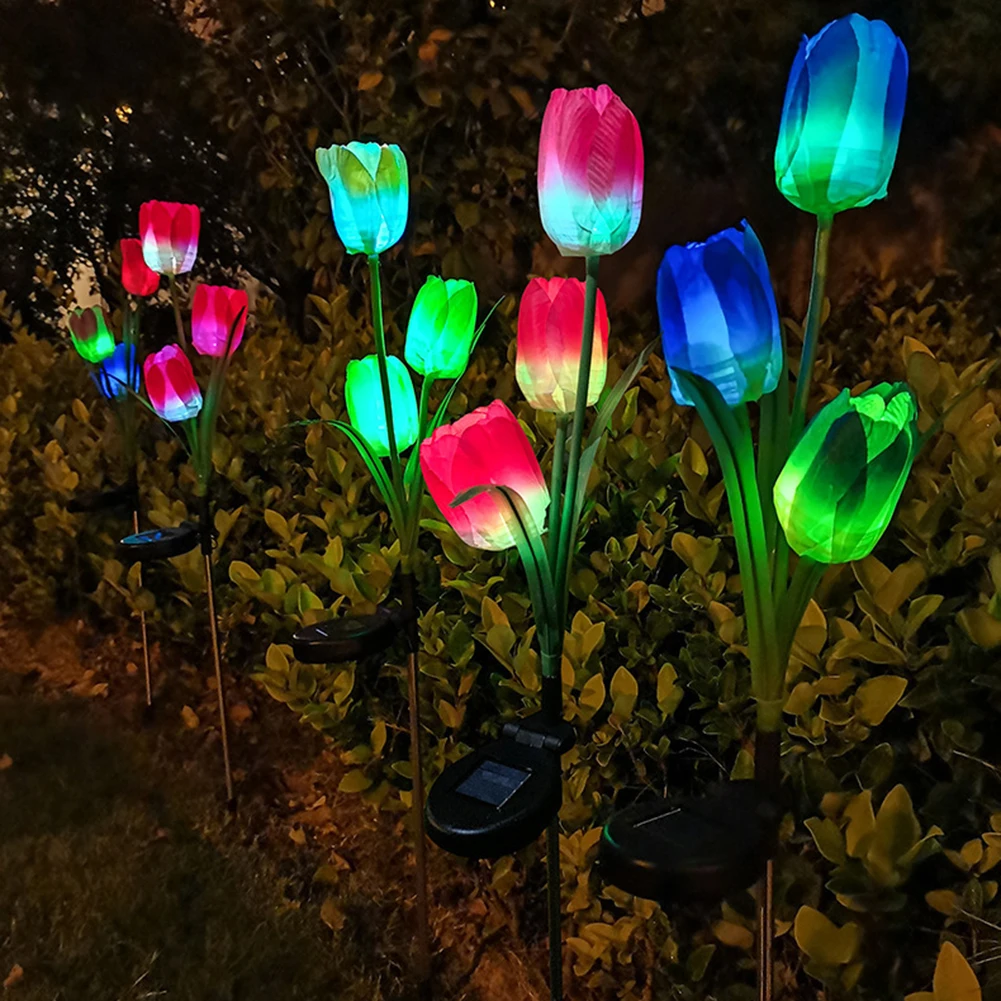 

LED Solar Light Simulation 3-Tulip Flower Outdoor Waterproof Garden Lawn Stakes Lamps Yard Art for Home Courtyard Decoration