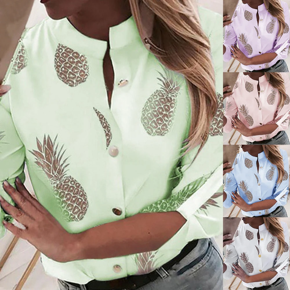 Женская блузка с длинным рукавом белая рубашка ананасовым принтом весна осень