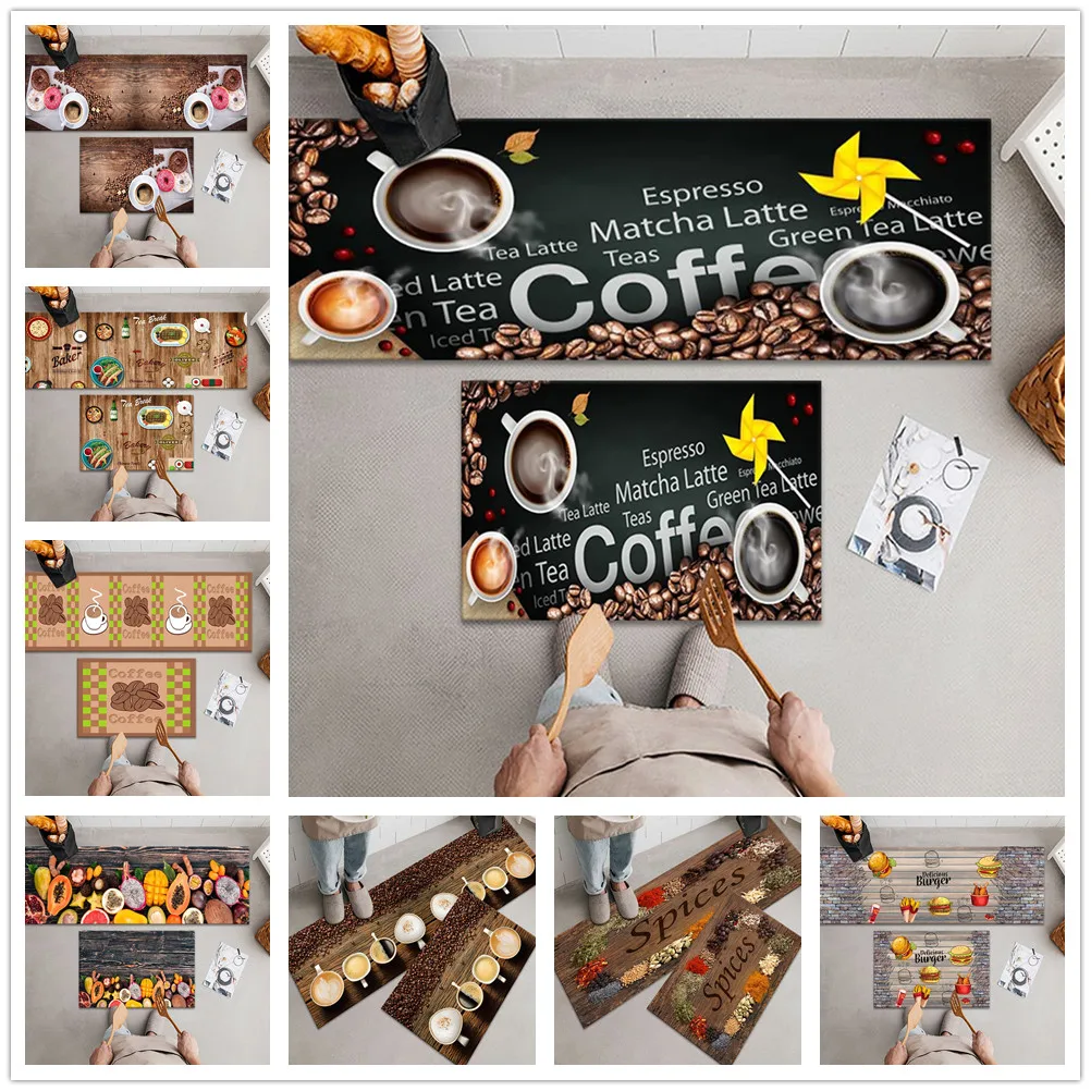

Coffee Foods Long Kitchen Mat Non-Slip Bedside Bedroom Rug Entrance Doormat Prayer Rugs Living Room 3D Carpet Corridor Area Rug