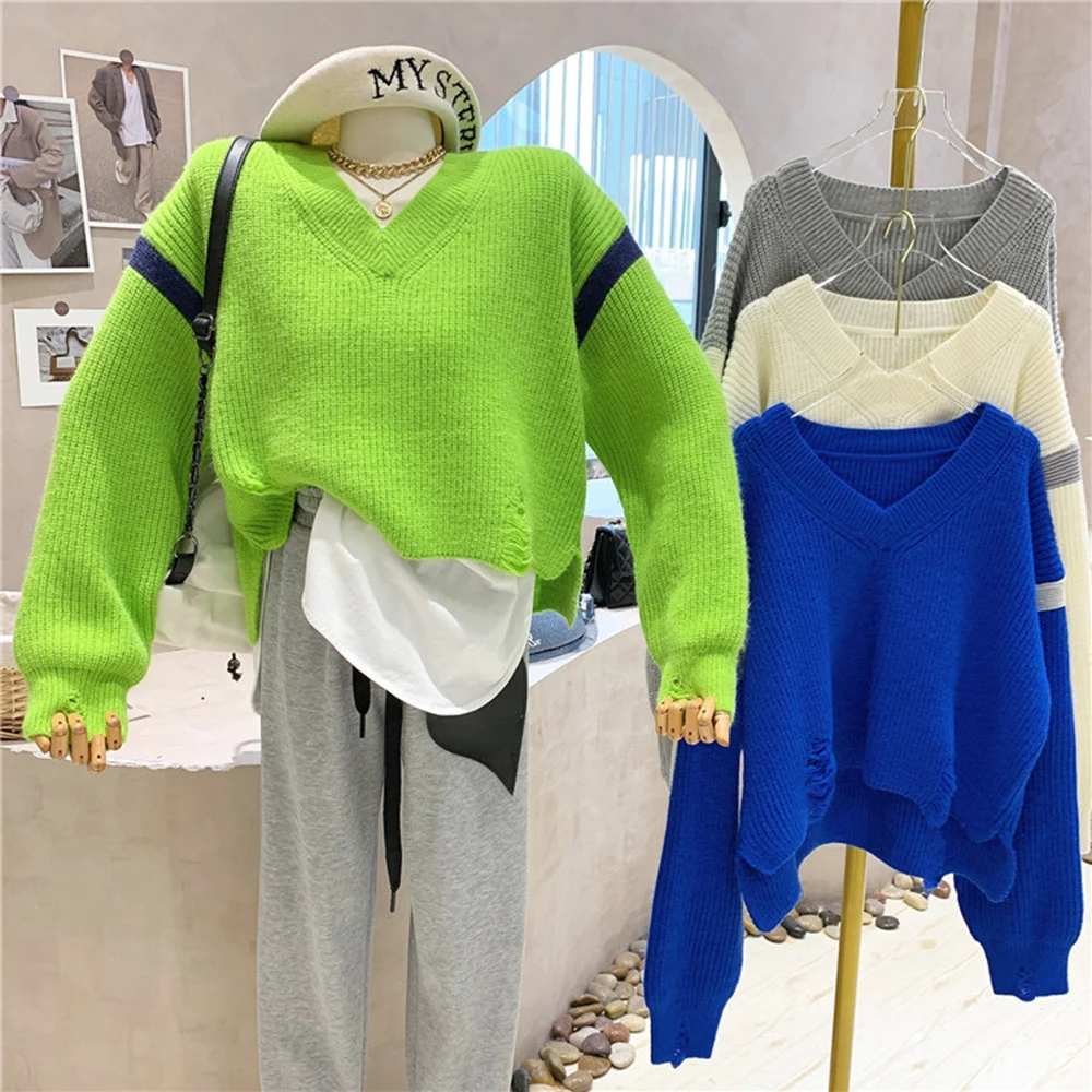 

Spring Autumn Hole Womens Sweater CHIC Oversized Loose Knit Pullover Women V Neck Short Sweaters