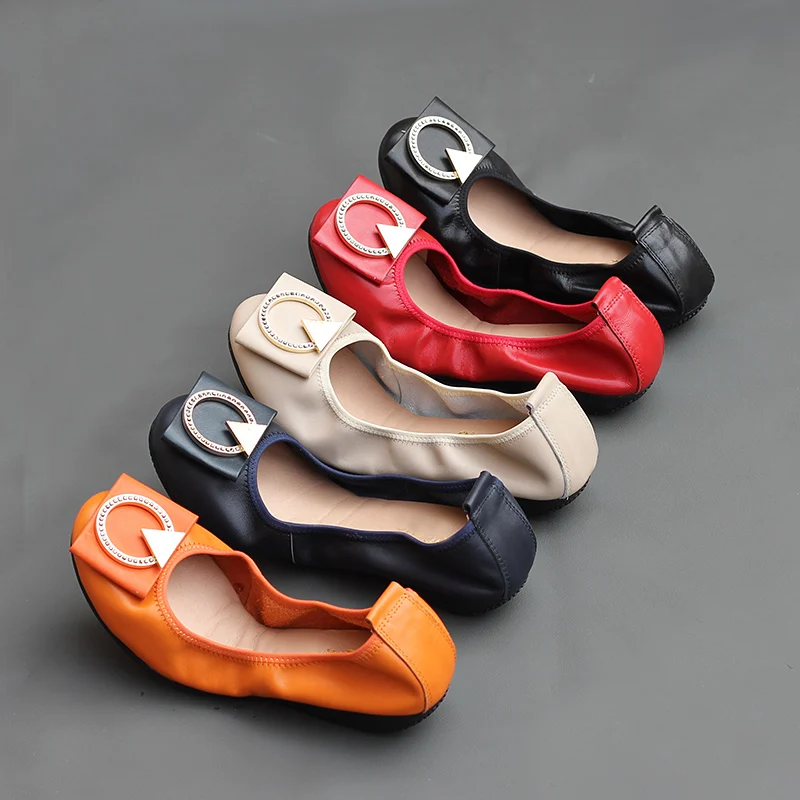 

2020 Free Shipping Genuine Leather Ballet Flats Fashion Womens Loafers Shoes Metal Round Buckle Woman Casual Flat Shoe Plus Size