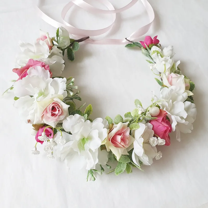 

Women Wedding Party Headwear Hair Accessories Girl Pink White Flower Wreath Crown Festival Headband Headdress Floral Garland