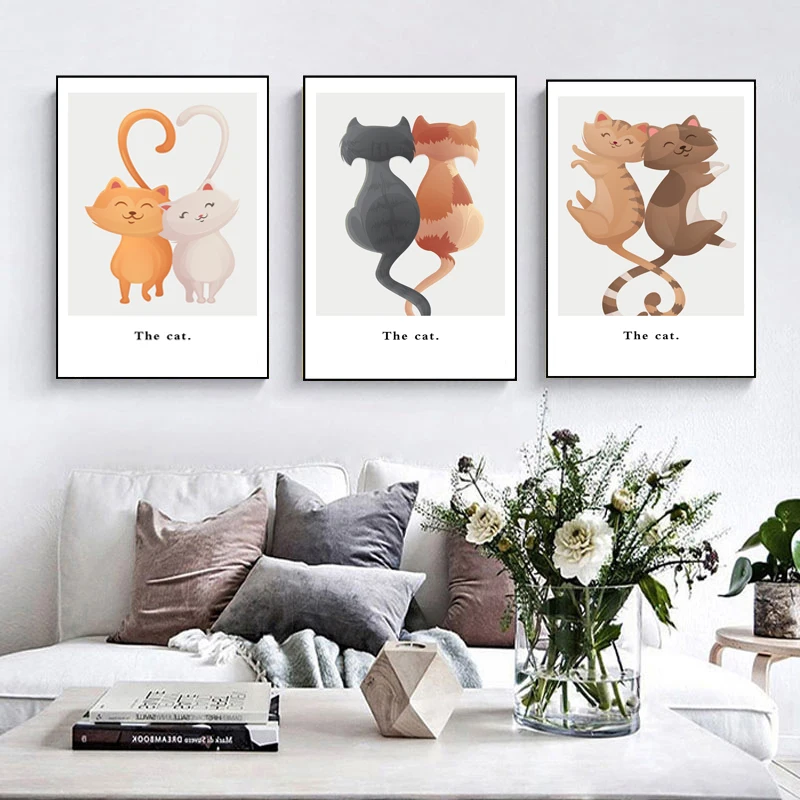 

Cartoon Funny Animal Cute Cat Wall Art Canvas Painting Nordic Posters and Prints Wall Pictures for Living Home Decor Frameless