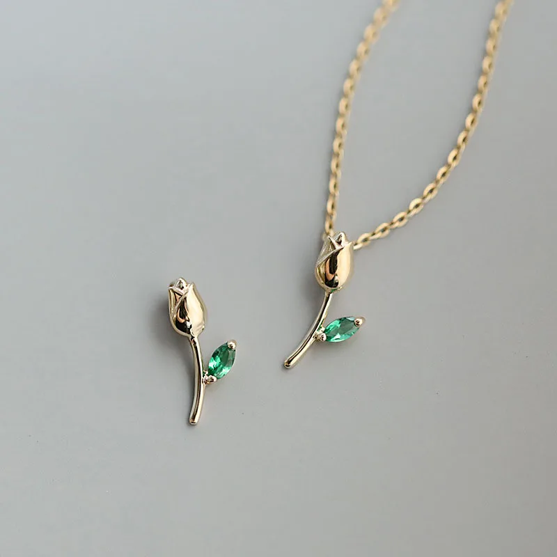 Цепочка с кулоном тюльпан из серебра 925 пробы зеленым Цирконом | Украшения и