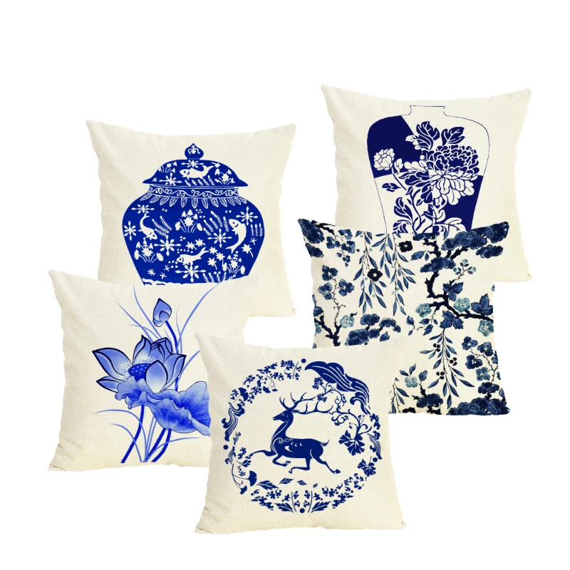 

Chinese Style Cushion Cover Blue Floral Pillowcases Decor Home Square Linen Throw Pillow Covers Living Room Decorative 45x45