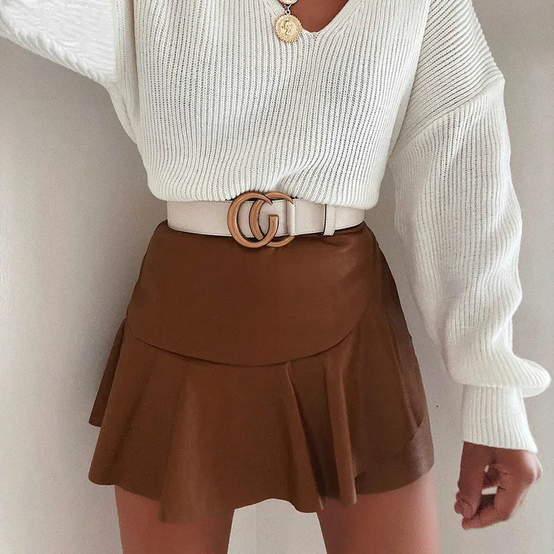 

Brown Pu Leather Pleated Skirts Women Y2k Indie Fashion High Waist Short Dress 2021 New Spring Summer Vintage Mini Skirt Sexy