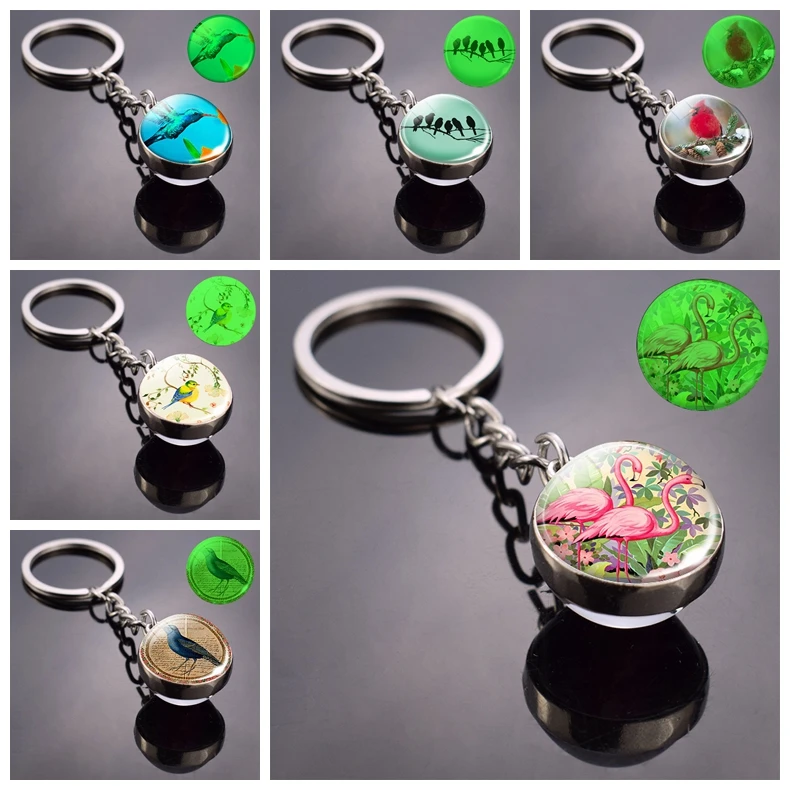 Брелок со светящимися синими птицами на ветке стеклянный шар светящийся