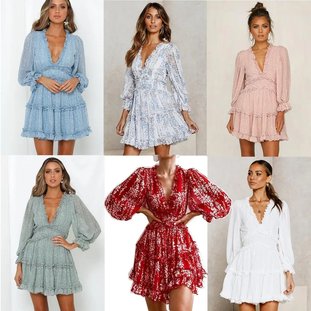 

Summer Elegant Ruffles Print Mini Dress Women Sexy Halter V-neck Long-sleeved Waist Puff Sleeve Dresses 2020 women Sundresses