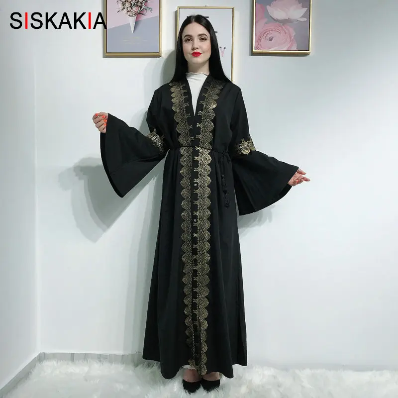 Siskakia мусульманское платье абайя черное Горячее тиснение печать открытые платья для женщин Арабский Кимоно размера плюс расклешенный рукав с поясом