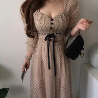french retro mid length dress womens down sleeves pure color office elegant polka dot dress women one piece dress korean style