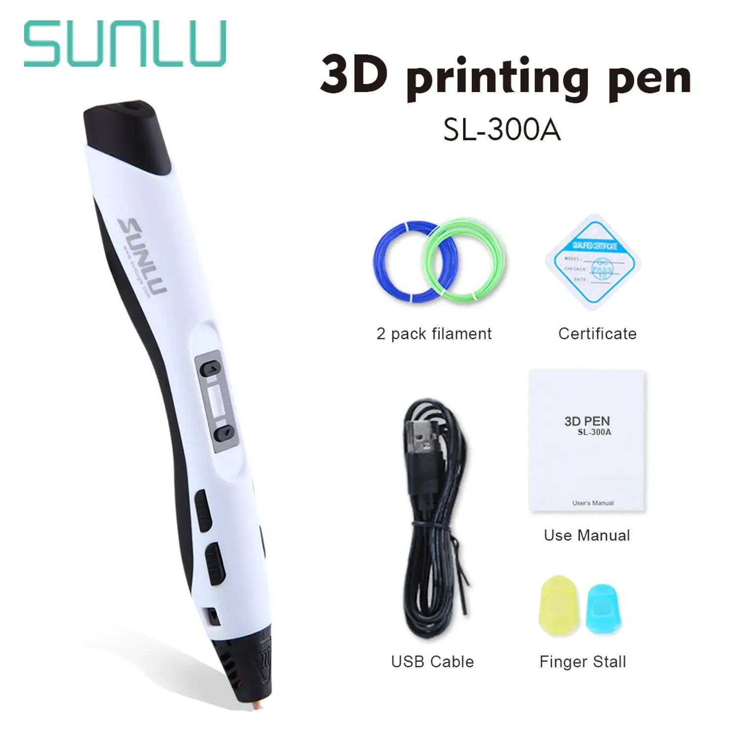 SL-300A-White SUNLU 3D Ручка обучающая Ручка 3D для детей 3D DIY игрушки с 1,75 мм PLA ABS PCL нити с ЖК-экраном Поддержка портативного питания - Цвет: SL-300A-White