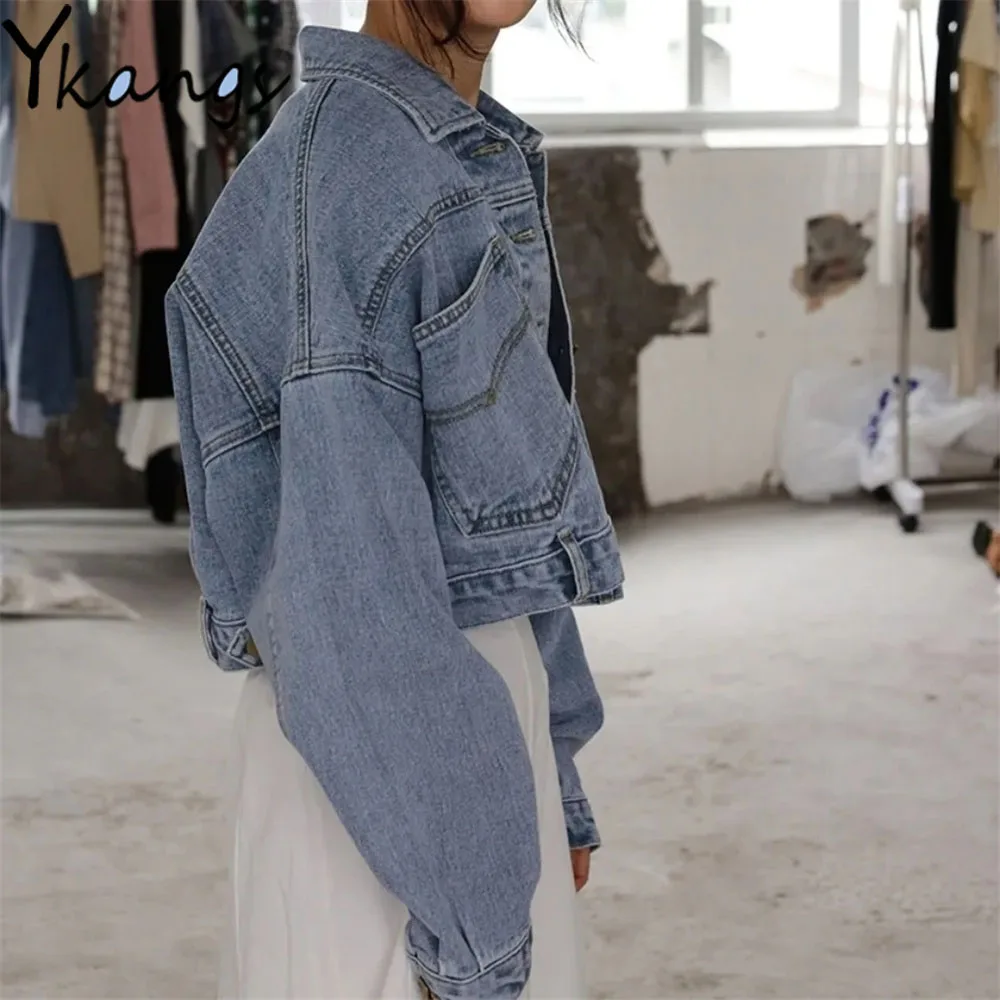 

Куртка женская джинсовая однобортная составного кроя, свободная уличная одежда из денима в стиле Харадзюку, укороченная верхняя одежда из ...