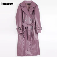 nerazzurri autumn purple black long leather trench coat for women 2021 long sleeve belt double breasted plus size fashion 7xl