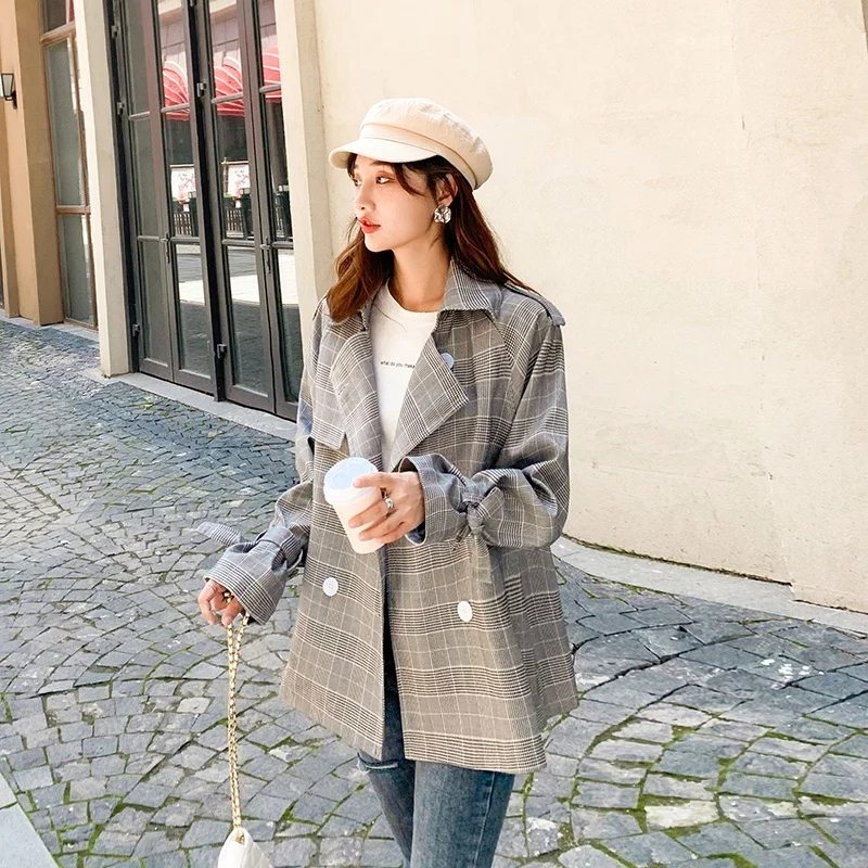 

2021 Spring Elegant OL Series Women Blazer Coat Double Breasted Lapel Gray Plaid Short Jacket Office Femme Korean Clothing Vadim
