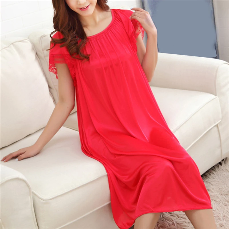 

Ladies Night Gowns Sleepwear Lace Patchwork Nightwear Long Sleeping Dress Casual Female Home Dressing
